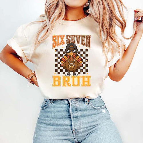 Six Seven Bruh Funny Turkey Hoodie - Cool Retro Checkered Turkey Graphic Sweatshirt