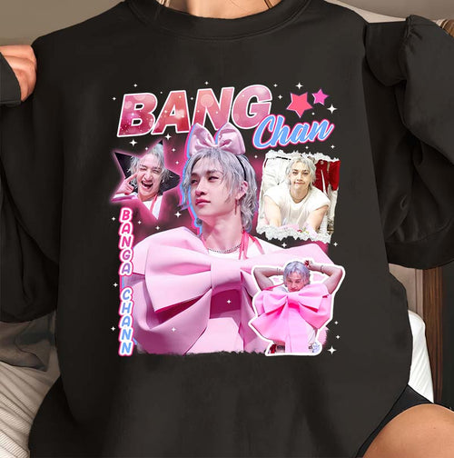 Bang Chan KPop Star Black Hoodie with Pink Bow and Multiple Photo Collage
