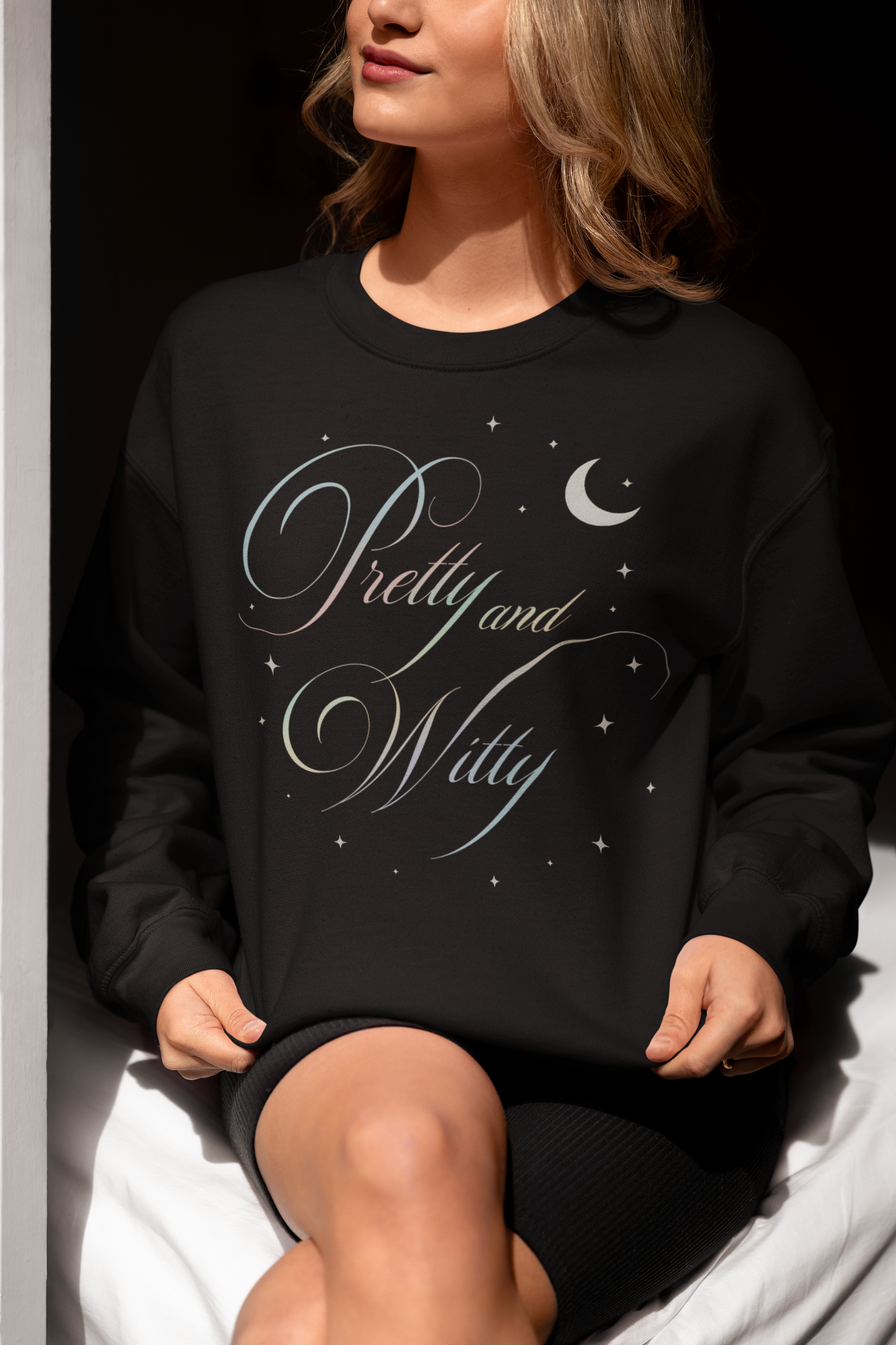 Pretty and Witty Black Graphic Tee - Feminine Starry Moon T-Shirt