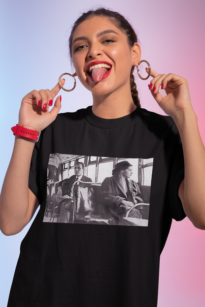 Vintage Black and White Classic Film Scene T-Shirt - Retro Bus Ride Graphic Tee