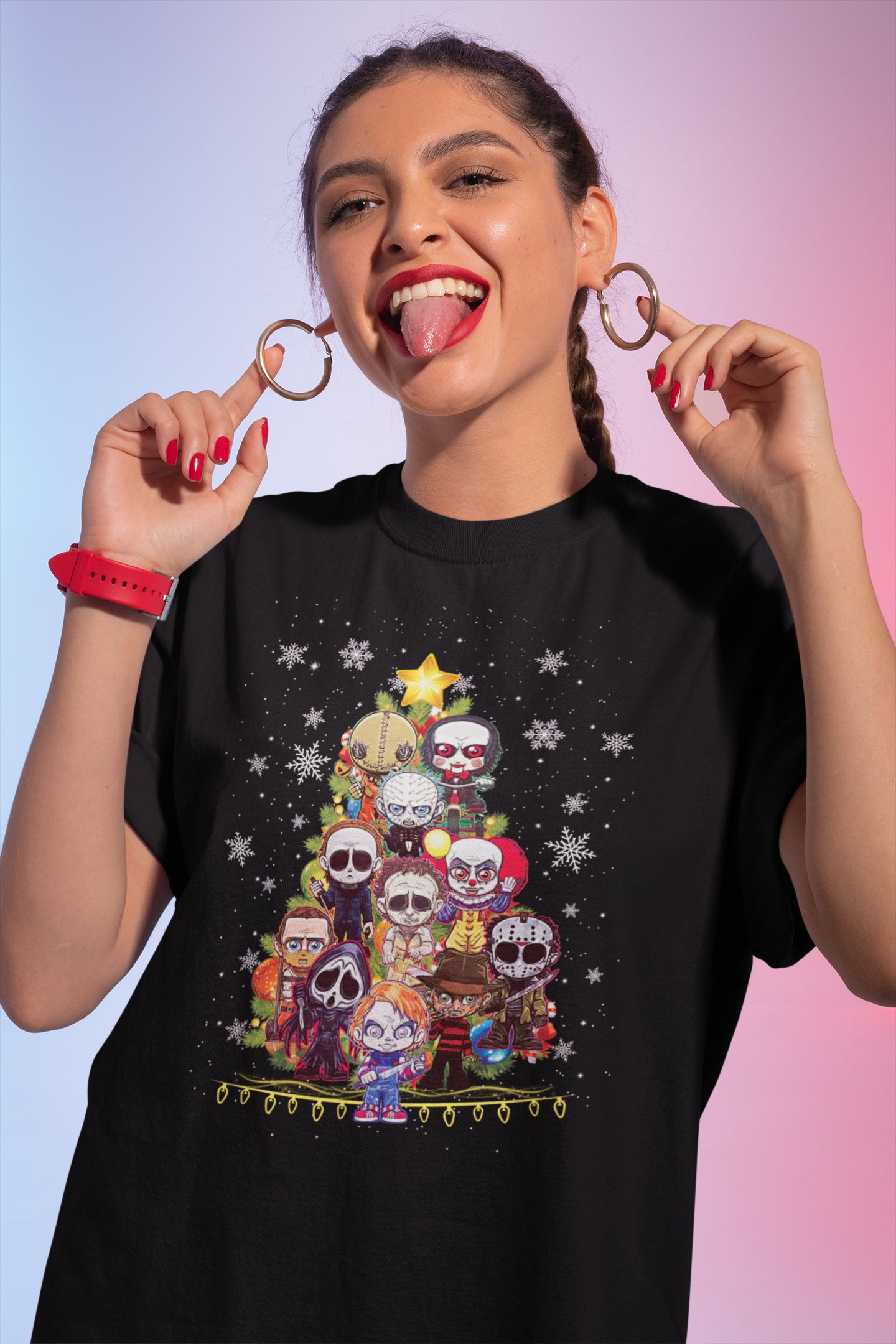 Horror Movie Characters Christmas Tree T-Shirt – Festive Horror Villains Tee