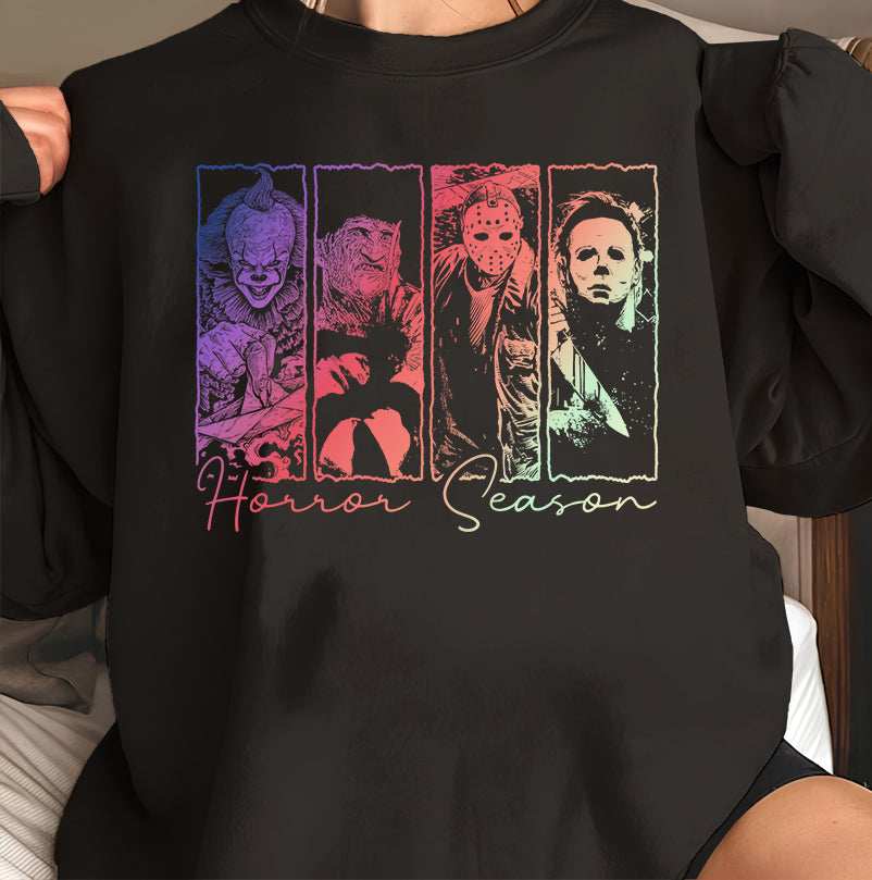 Horror Season Graphic T-Shirt - Creepy Movie Characters Design, Unique Horror Fan Gift