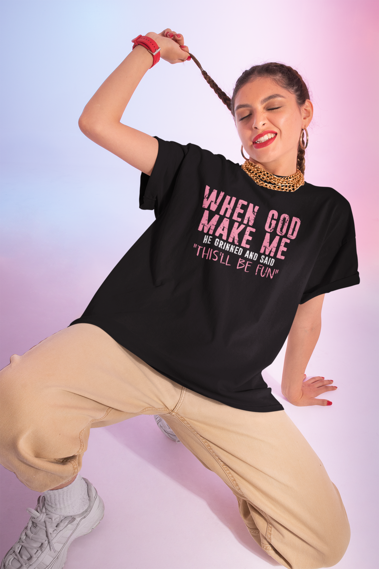 When God Make Me Funny Quote Black T-Shirt for Unique Personality