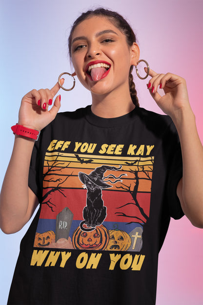 Vintage Witch Cat Halloween Sweatshirt with Pumpkin and Graveyard Design