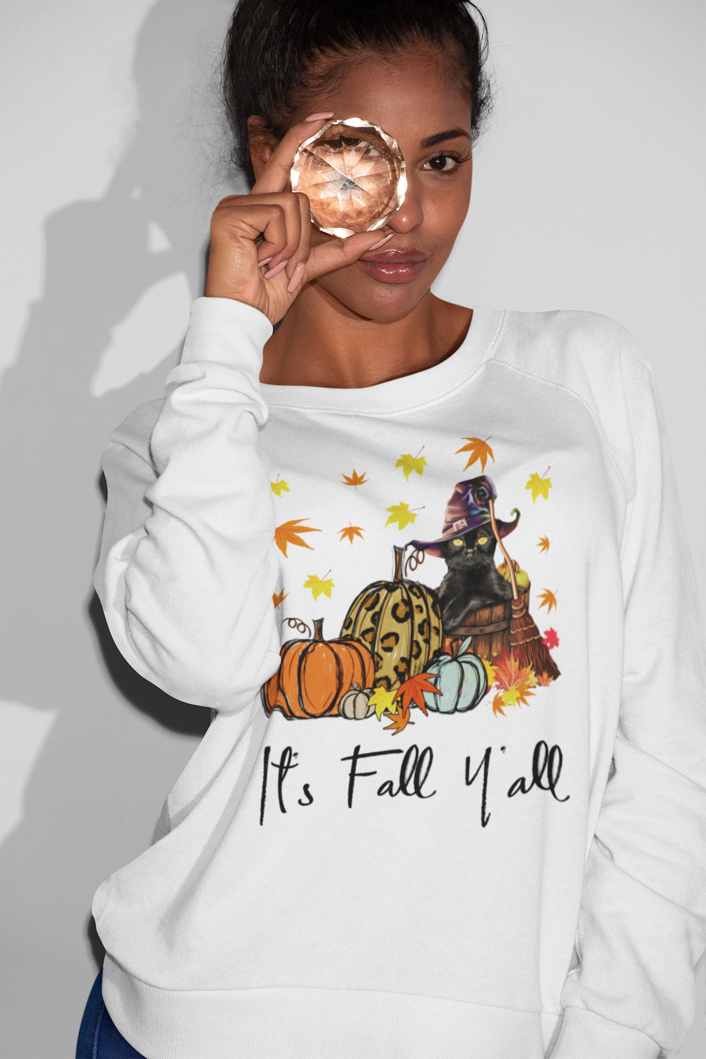 It's Fall Y'all T-Shirt with Black Cat Witch and Pumpkins Autumn Tee
