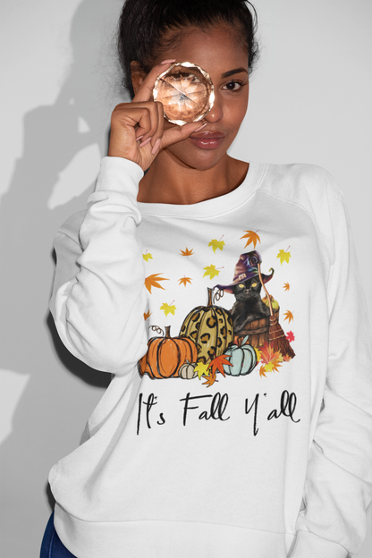 It's Fall Y'all T-Shirt with Black Cat Witch and Pumpkins Autumn Tee