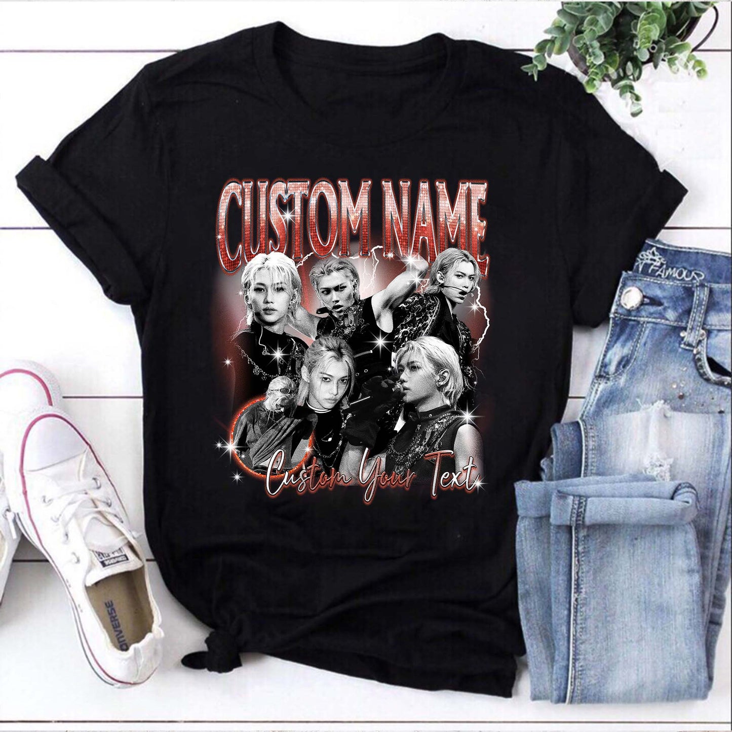 Customizable Black T-Shirt with Multiple Portraits and Name/Text Personalization