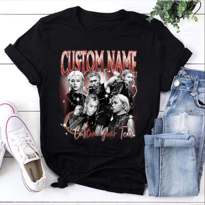 Customizable Black T-Shirt with Multiple Portraits and Name/Text Personalization