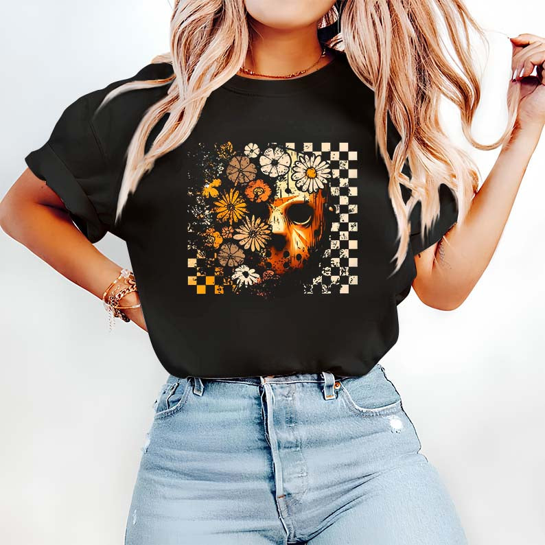 Halloween Flower Mask Black Hoodie for Women - Spooky Floral Horror Sweatshirt