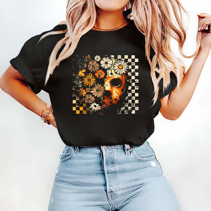 Halloween Flower Mask Black Hoodie for Women - Spooky Floral Horror Sweatshirt