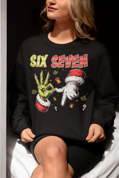 Six Seven Funny Christmas Grinch and Santa Hands Holiday T-Shirt