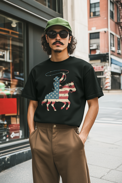 American Flag Cowboy and Horse Retro Western T-Shirt