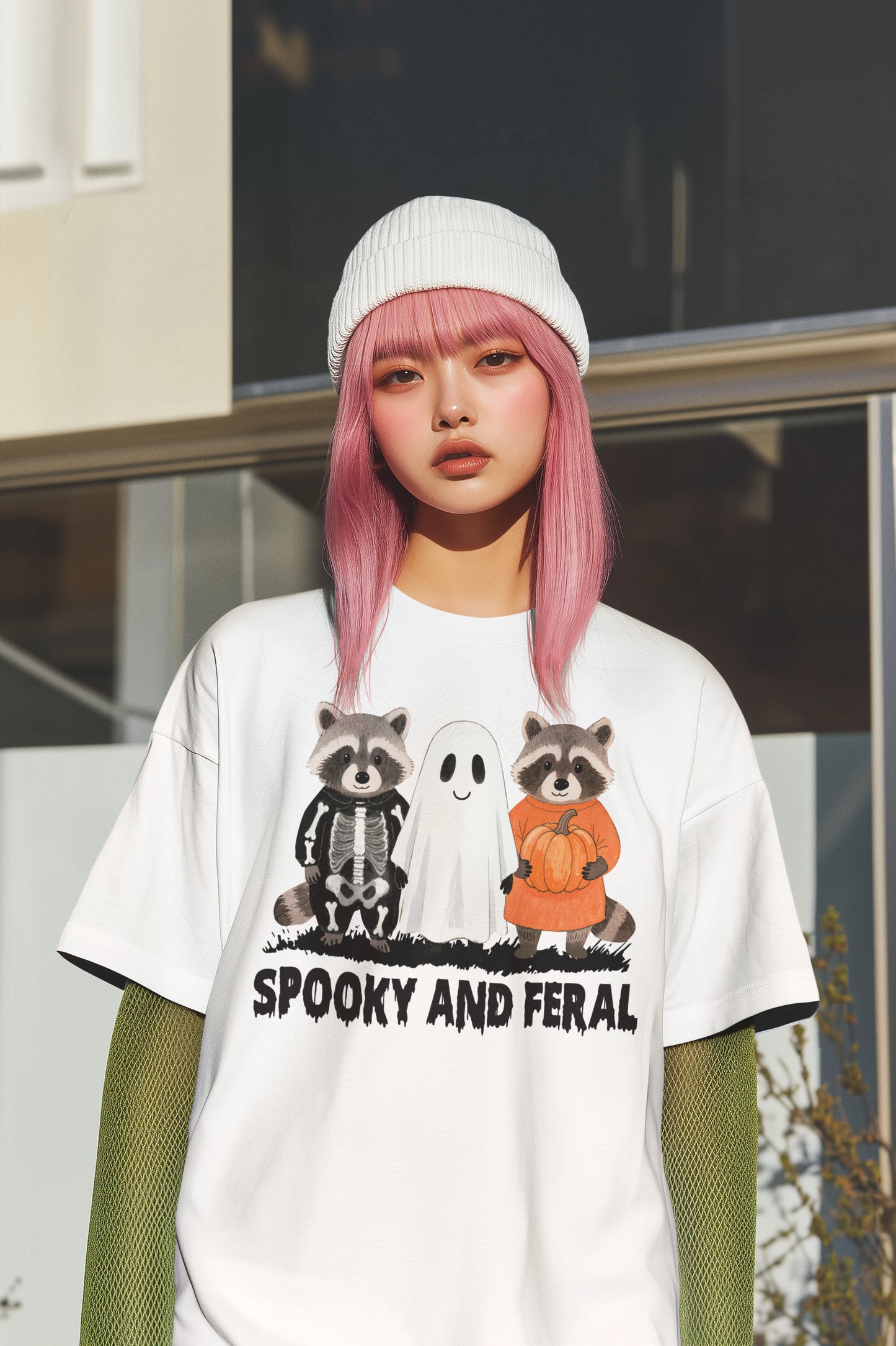 Spooky and Feral Halloween Hoodie with Cute Raccoon and Ghost Design