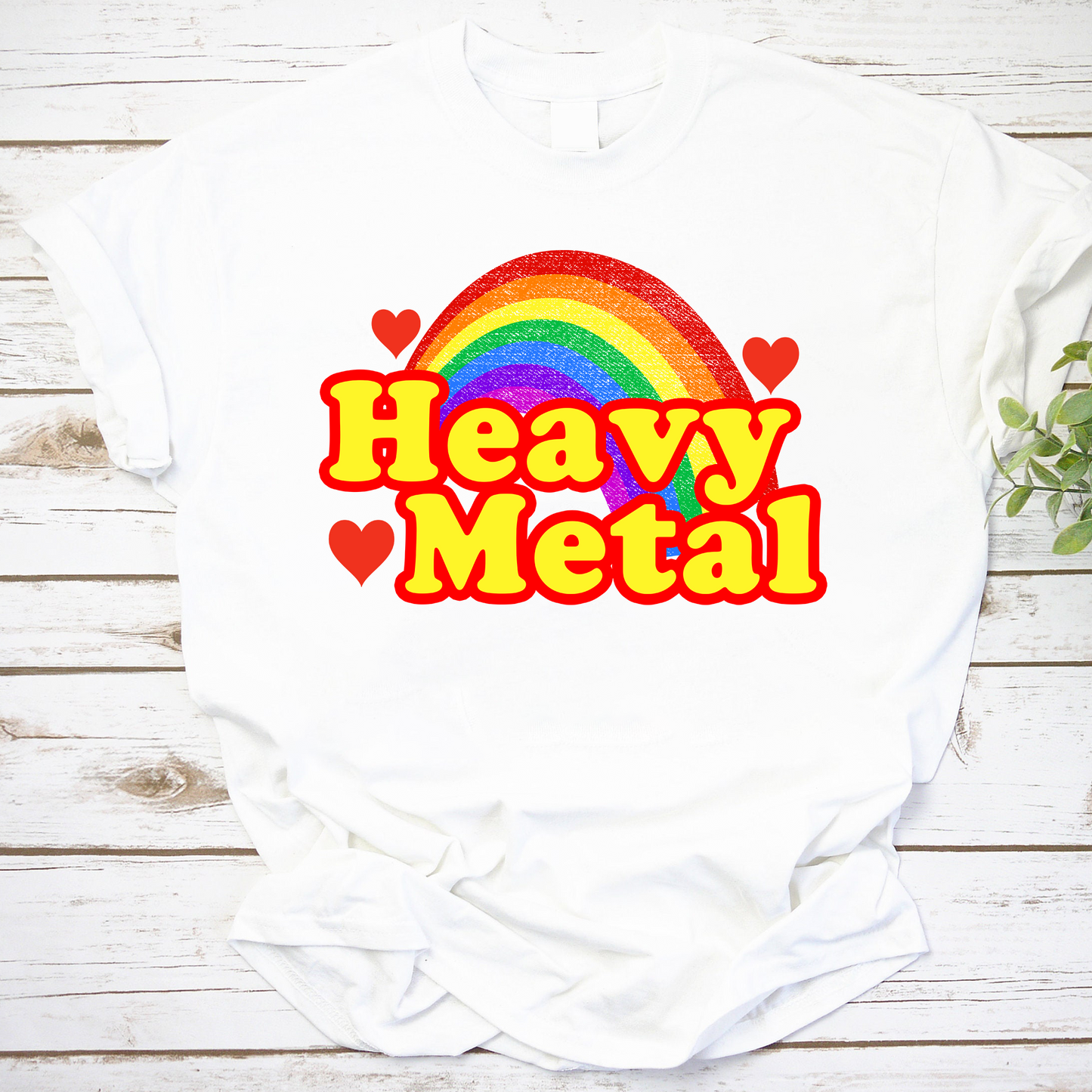 Retro Rainbow Heavy Metal T-Shirt with Bold Yellow Text