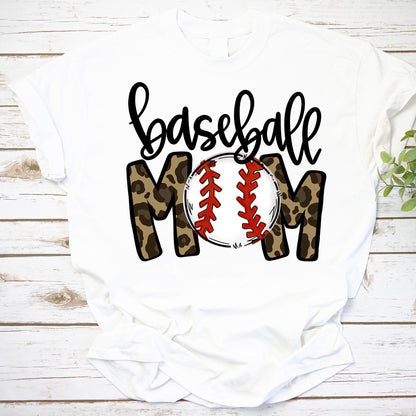 Baseball Mom T-Shirt with Leopard Print and Baseball Graphic