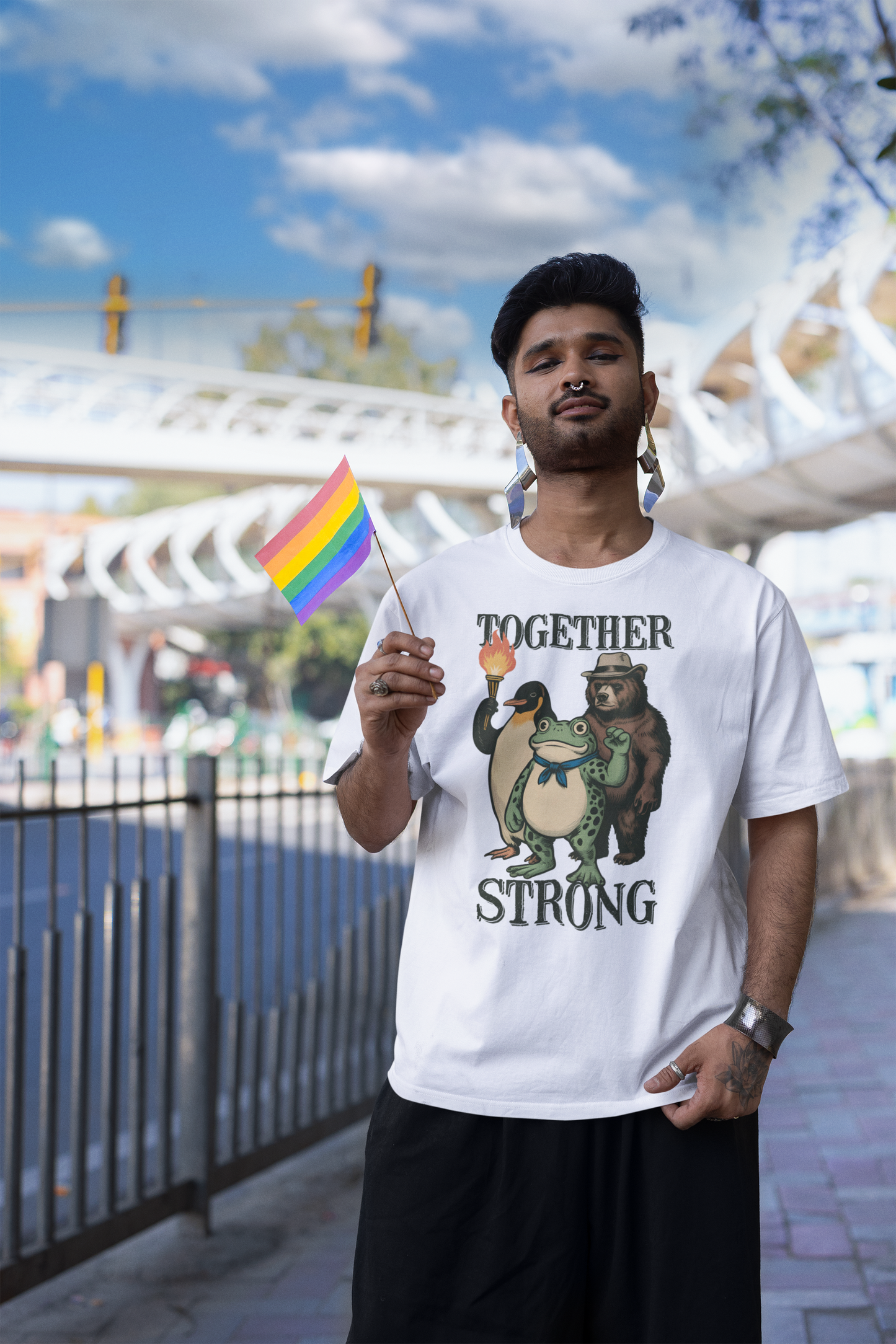 Together Strong Animal Trio Graphic Tee Frog Bear Penguin Shirt