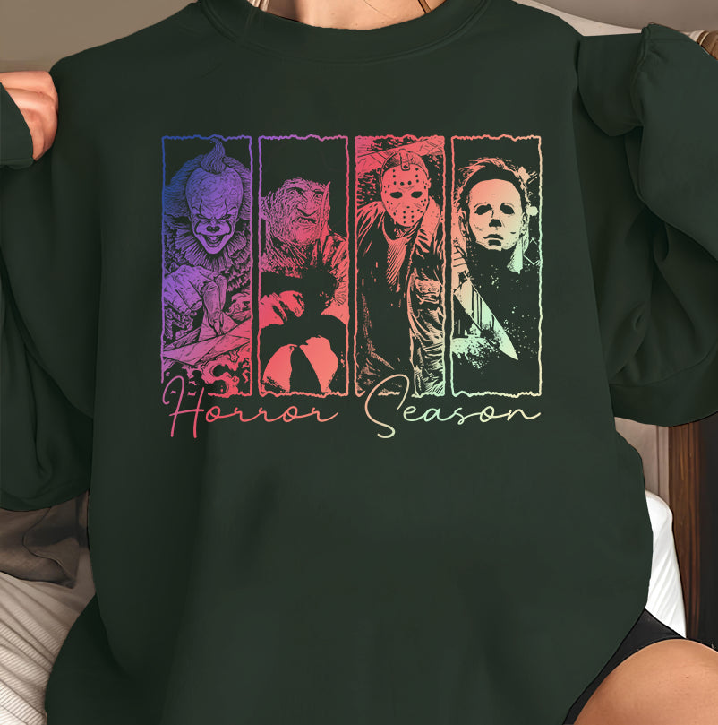 Horror Season Graphic T-Shirt - Creepy Movie Characters Design, Unique Horror Fan Gift