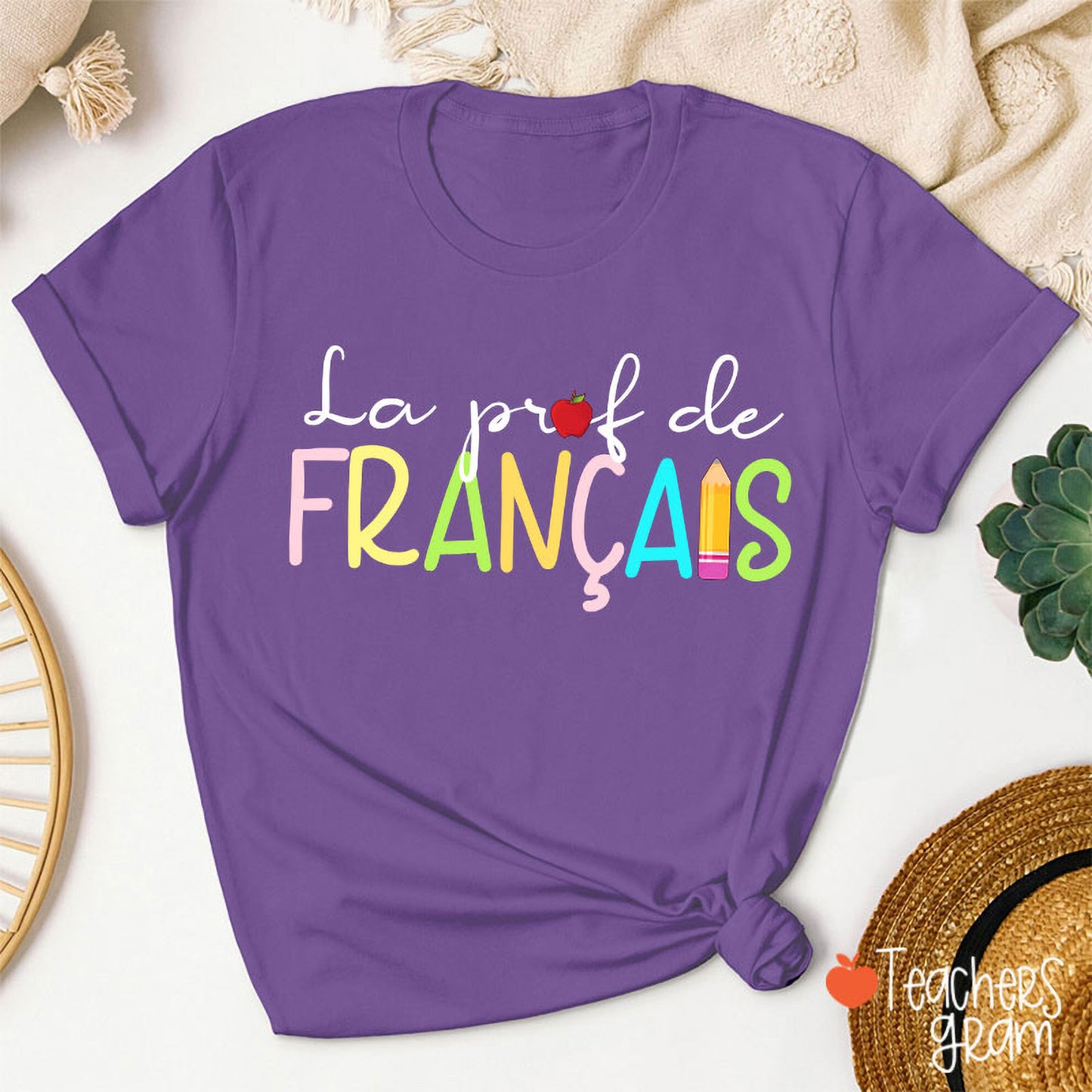 La prof de Français Colorful Teacher T-Shirt with Pencil and Apple Design