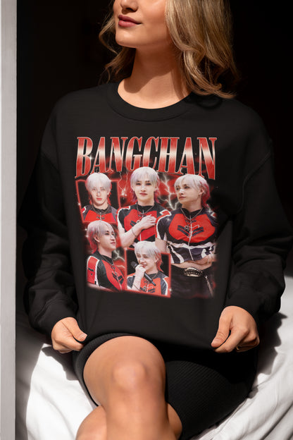 Bangchan Kpop Star Graphic T-Shirt Fan Tee Black Red Lightning Design