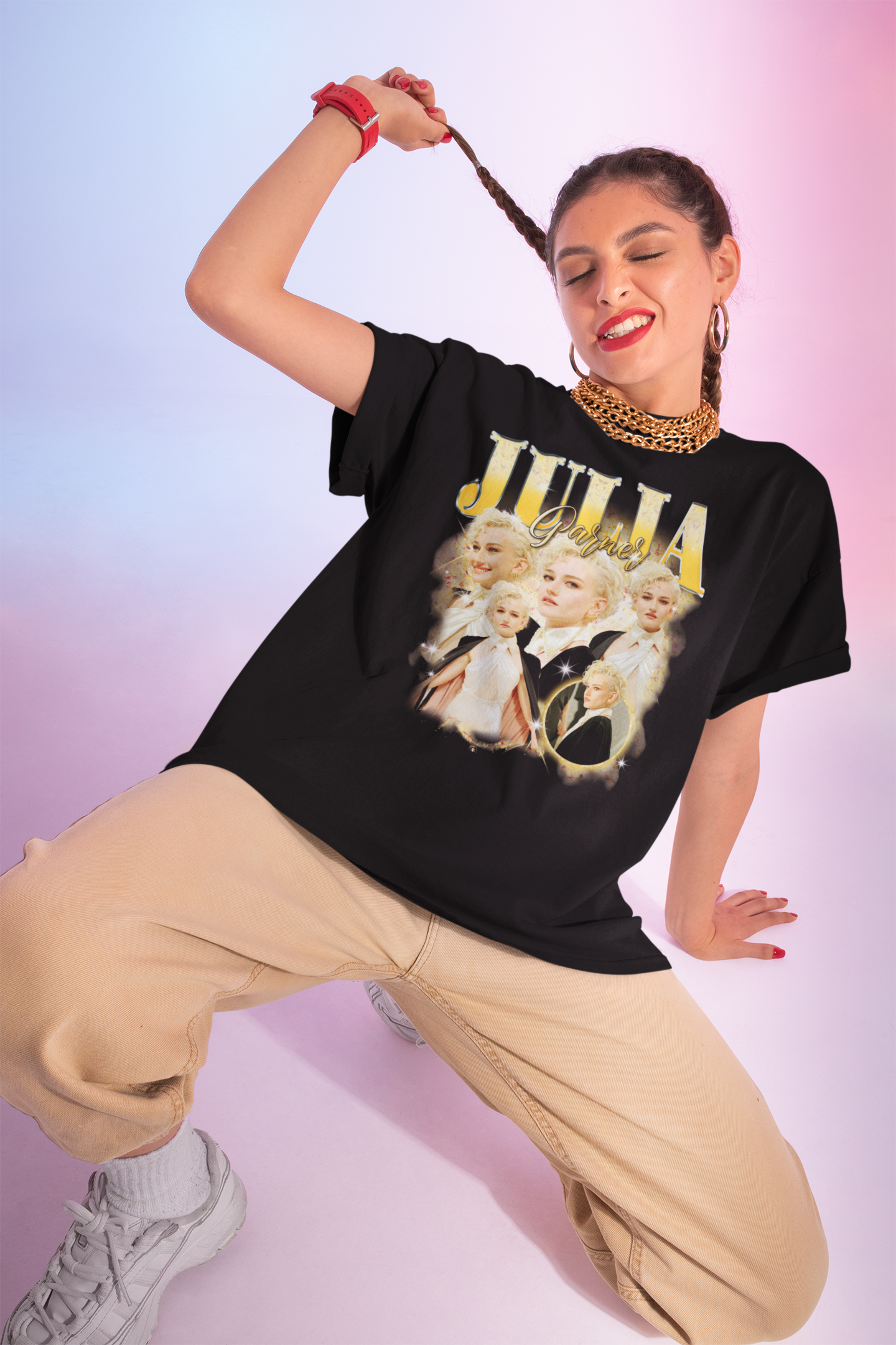 Julia Garner Stylish Photo Collage Graphic White Tee