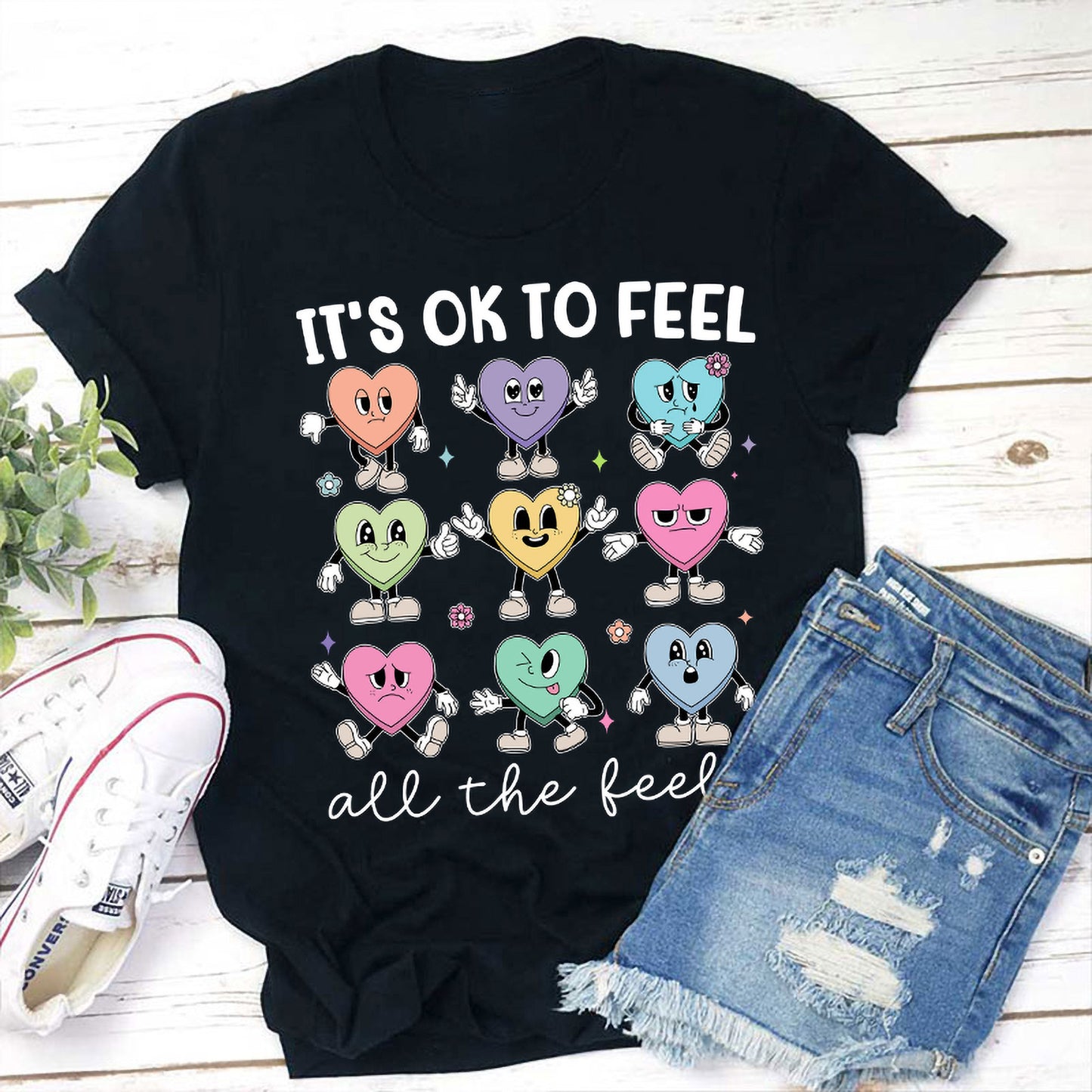 It's OK to Feel All The Feels Emotional Heart Cartoon Graphic Tee