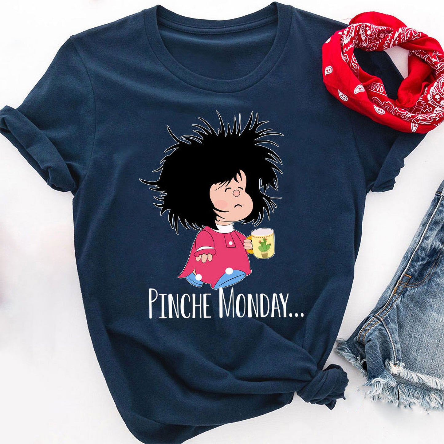 Funny Pinche Monday T-Shirt with Sleepy Cartoon Character & Coffee Mug