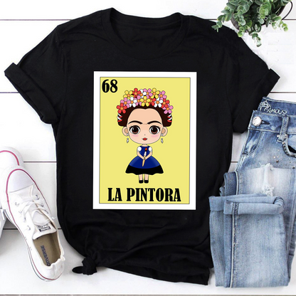 La Pintora Frida Kahlo Cartoon Art T-Shirt – Mexican Folk Art Inspired Tee