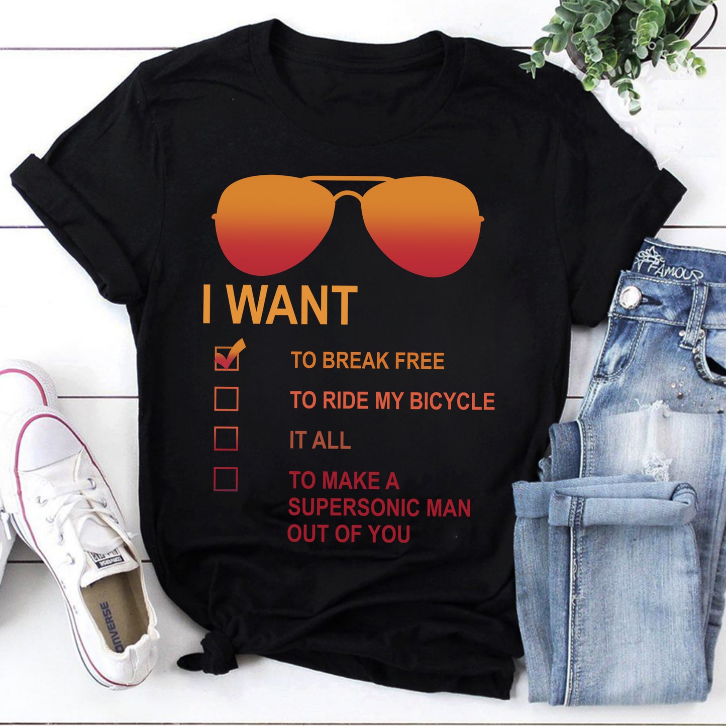 I Want Checklist Graphic Sweatshirt - Retro Sunglasses Design