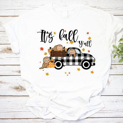 It's Fall Y'all Sweatshirt with Cute Sloths and Buffalo Plaid Truck