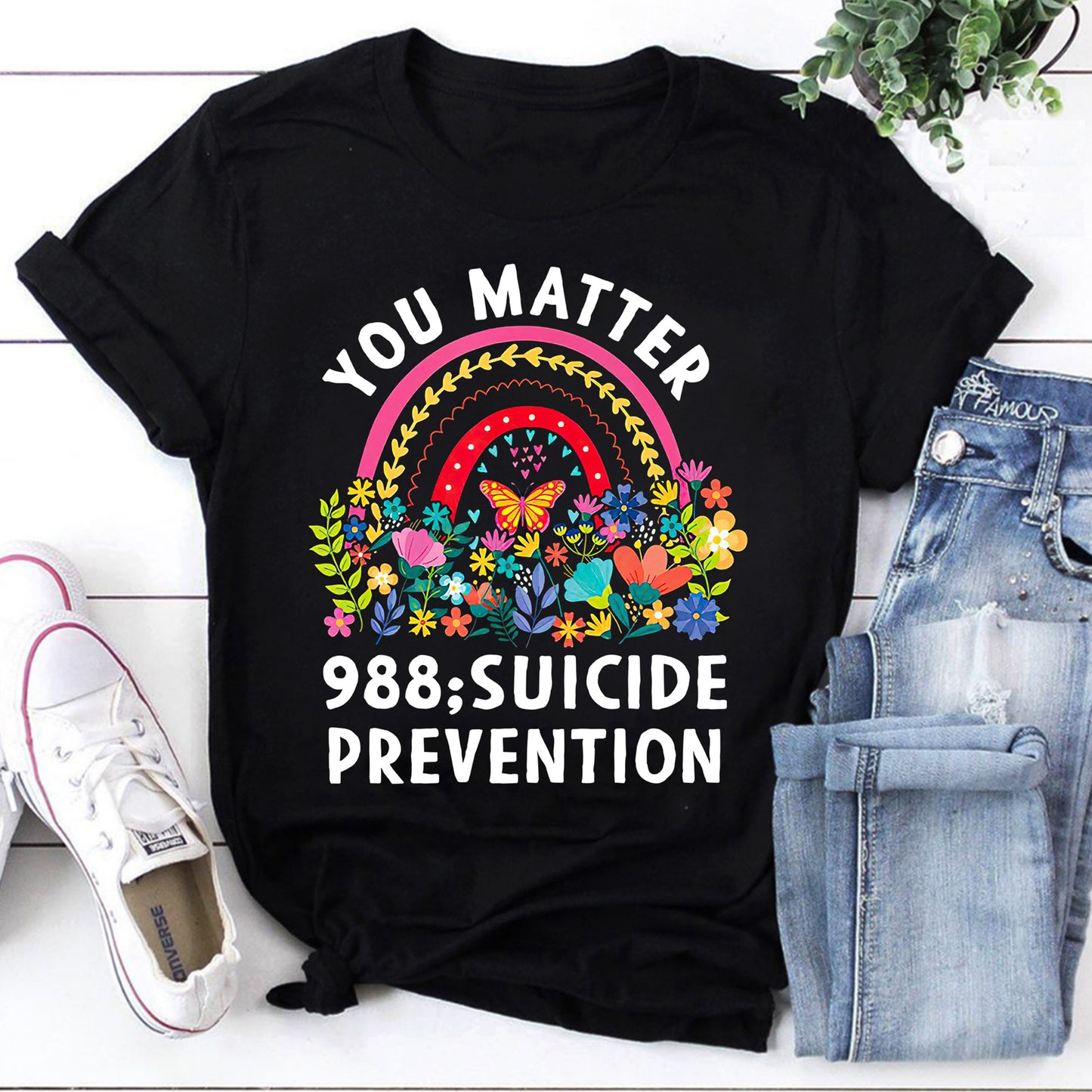 You Matter 988 Suicide Prevention Support T-Shirt with Colorful Floral Rainbow Design