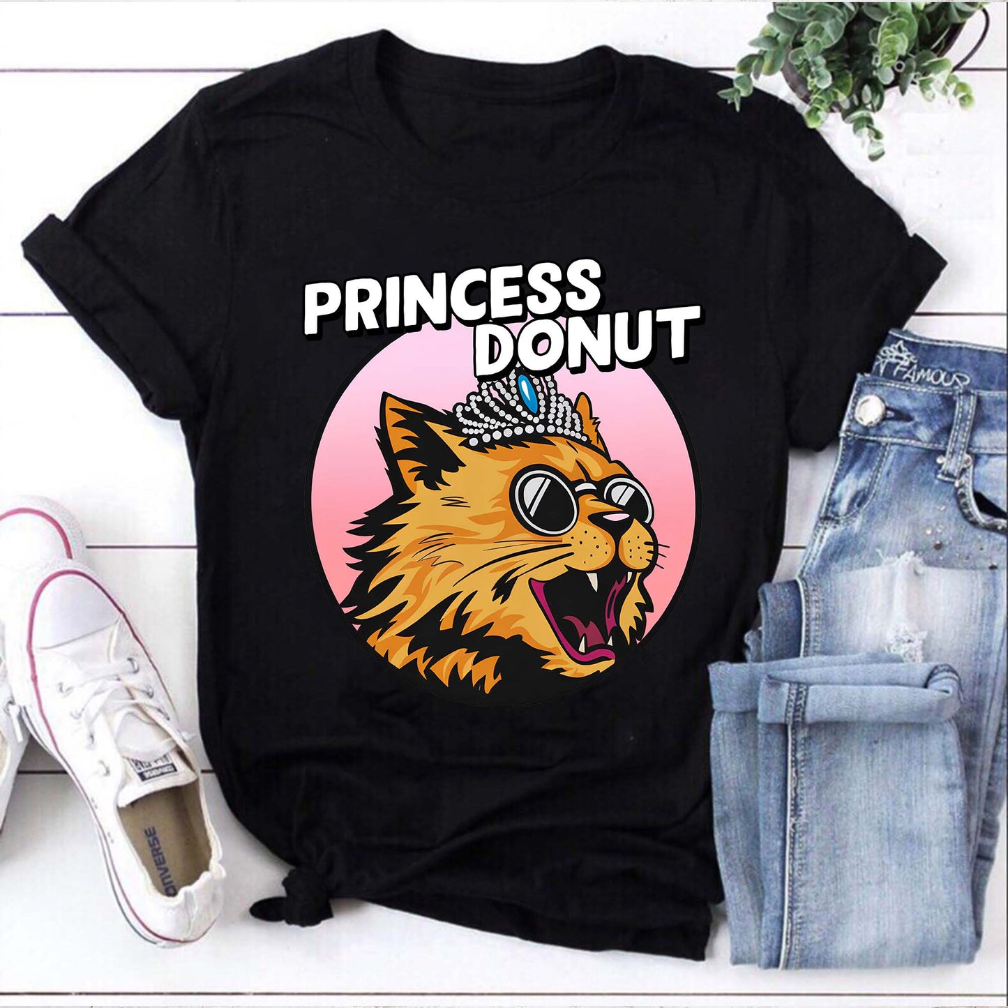 Princess Donut Cat Graphic Tee Cute Cat with Tiara Shirt