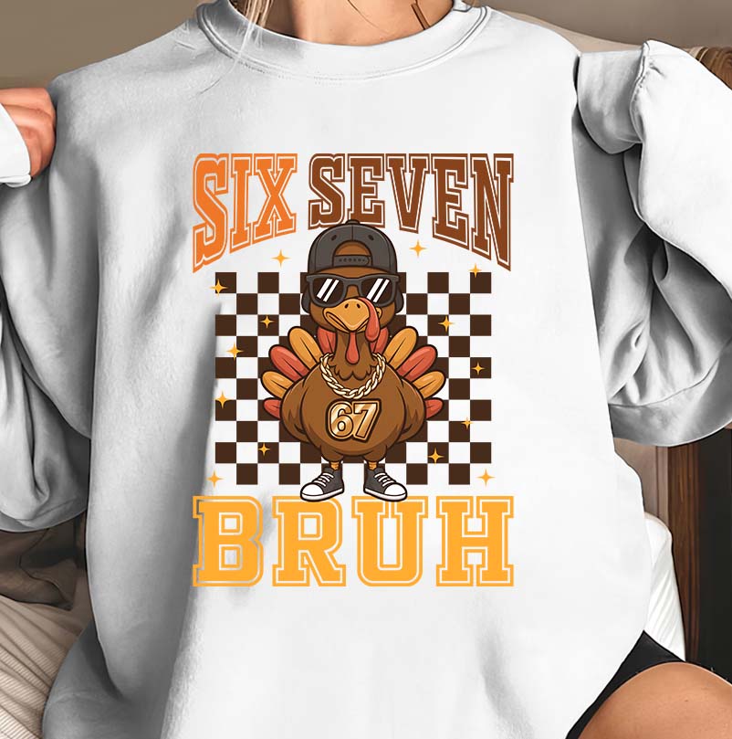 Six Seven Bruh Funny Turkey Hoodie - Cool Retro Checkered Turkey Graphic Sweatshirt