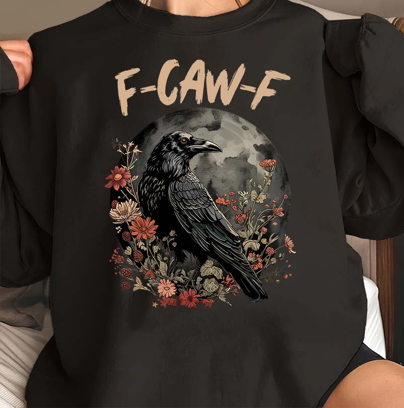 F-CAW-F Raven Bird Graphic Tee with Floral Moon Design