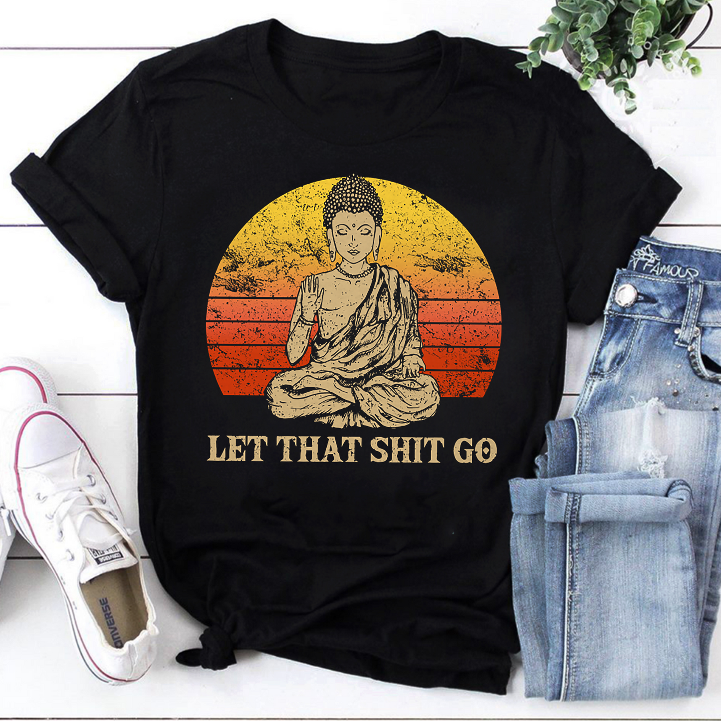 Vintage Buddha Let That Shit Go Sweatshirt - Relaxed Fit Spiritual Quote Pullover