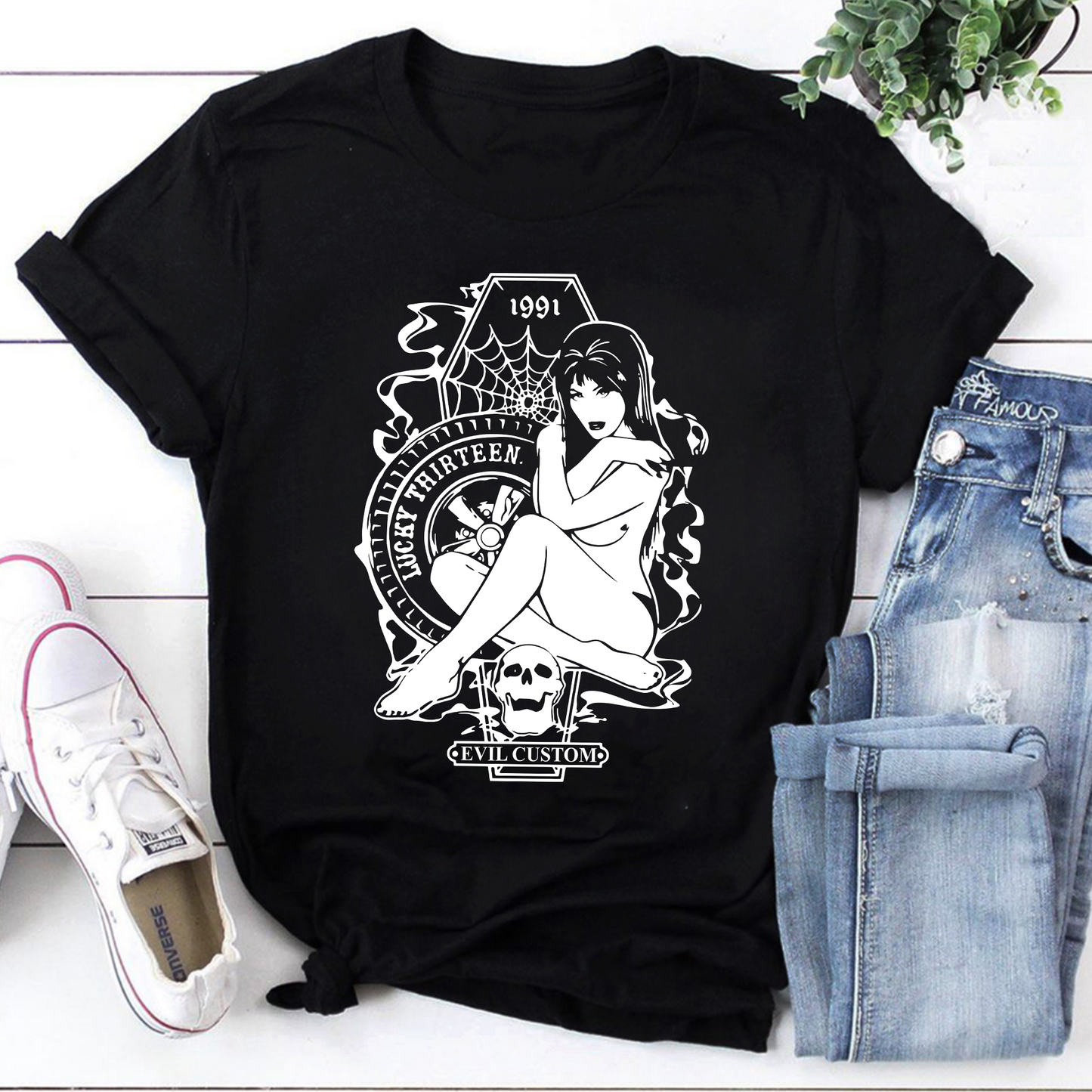 Vintage Lucky Thirteen Pin-Up Sweatshirt - Edgy Black Graphic Pullover