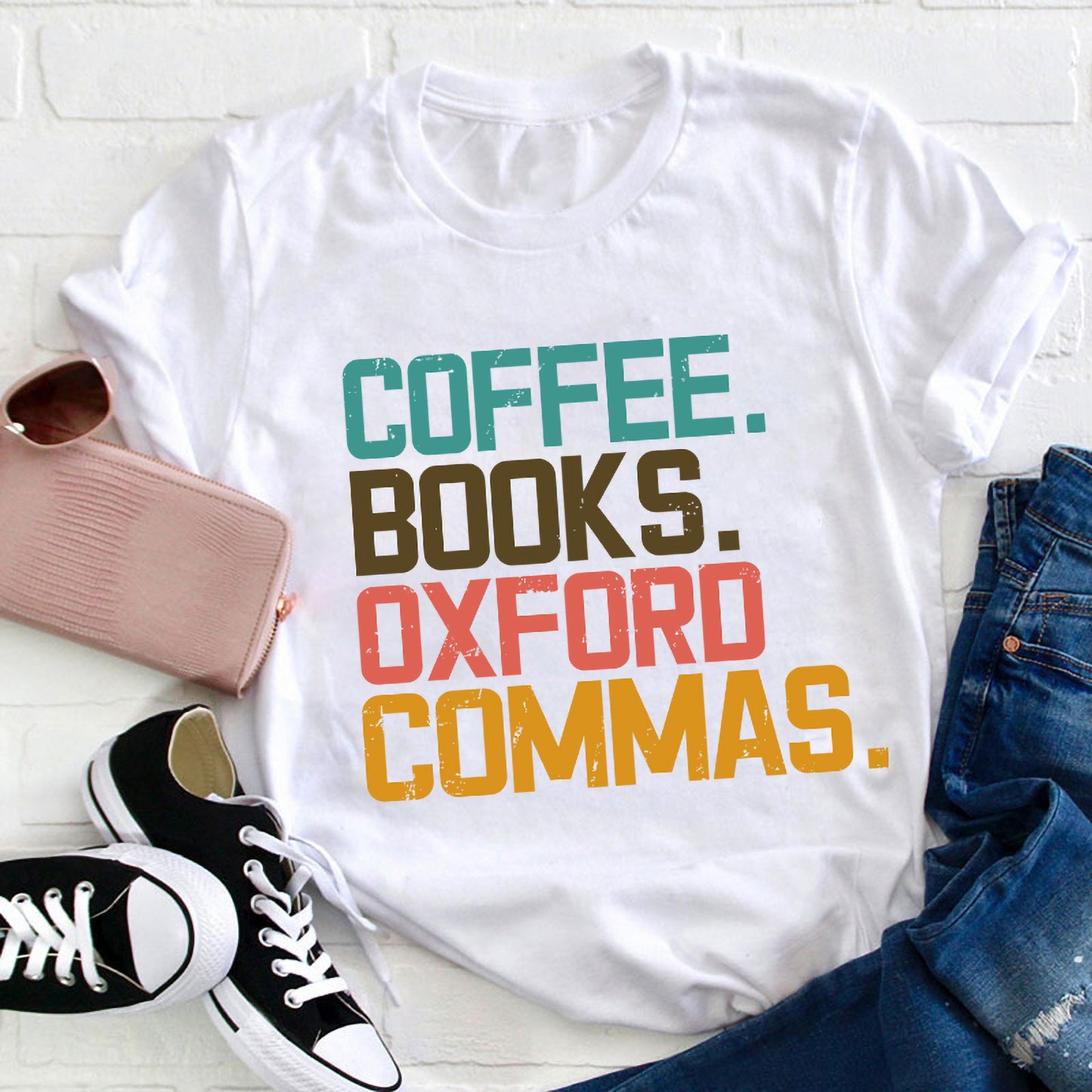 Coffee Books Oxford Commas Funny Typography Literary T-Shirt