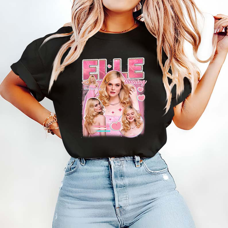 Elle Fanning Collage Graphic White Hoodie - Cute Pink Fan Art Sweatshirt