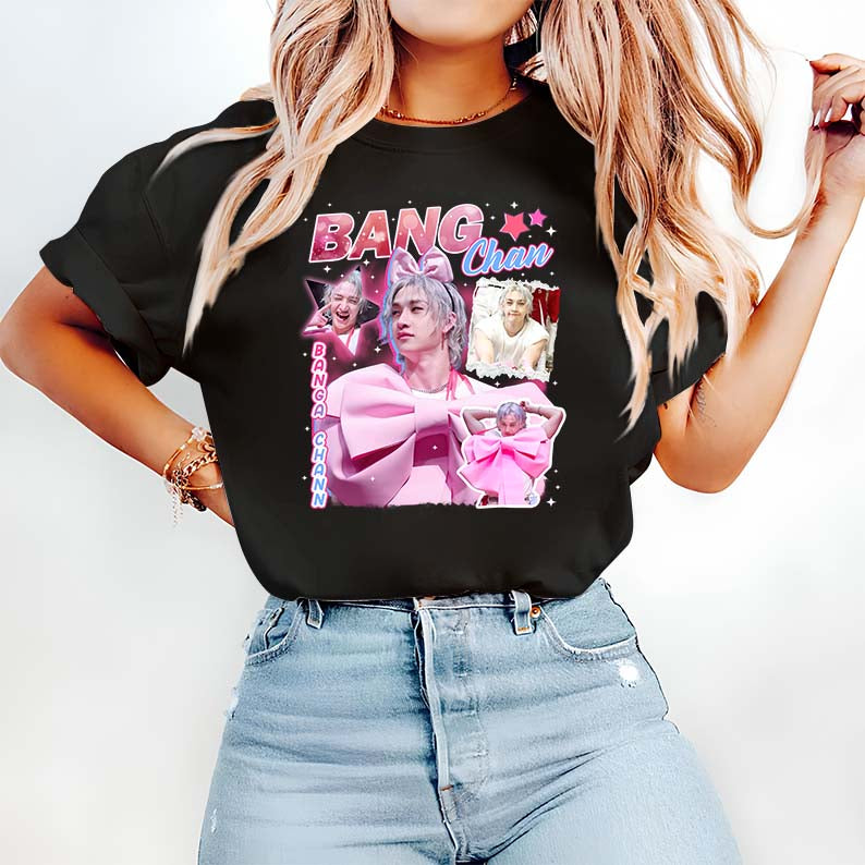 Bang Chan KPop Star Black Hoodie with Pink Bow and Multiple Photo Collage