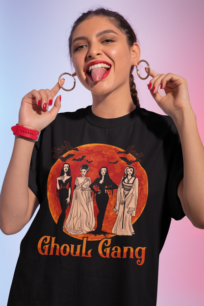 Ghoul Gang Halloween Shirt with Classic Female Monsters and Orange Moon