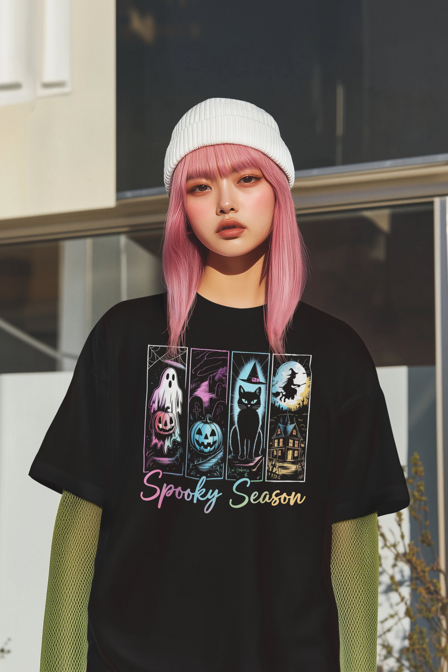 Spooky Season Halloween Hoodie with Ghost, Pumpkin, Cat, Witch House Design