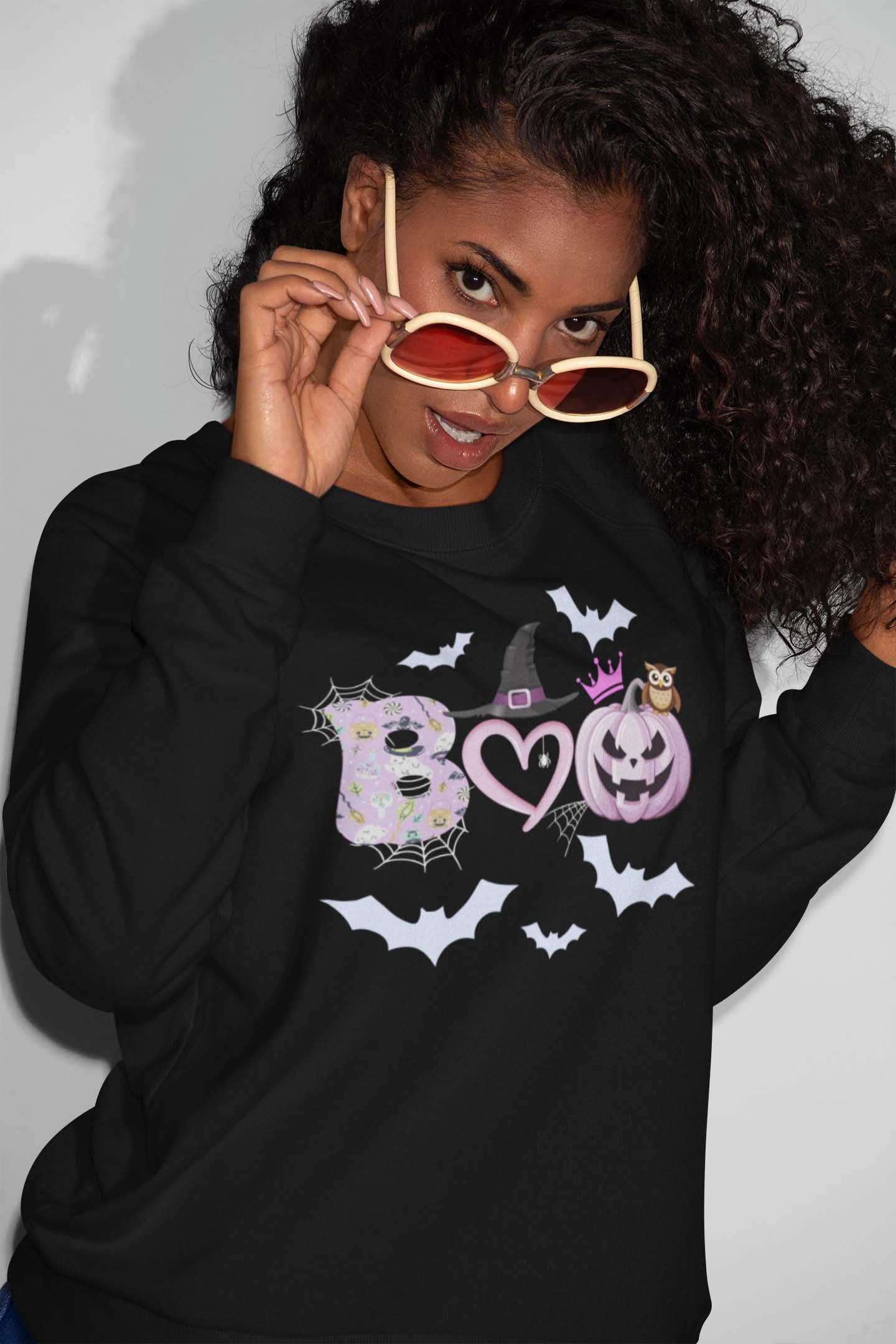 Halloween Boo T-Shirt with Witch Hat, Pumpkin, and Bat Design