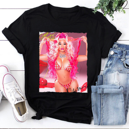 Nicki Minaj Inspired Barbie Aesthetic Graphic Tee, Pink Bikini Print T-Shirt