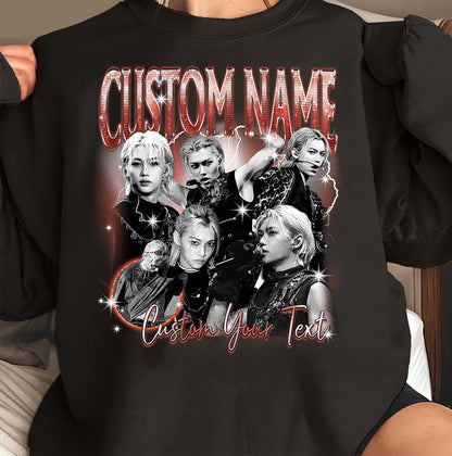 Customizable Black T-Shirt with Multiple Portraits and Name/Text Personalization
