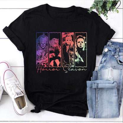 Horror Season Graphic T-Shirt - Creepy Movie Characters Design, Unique Horror Fan Gift