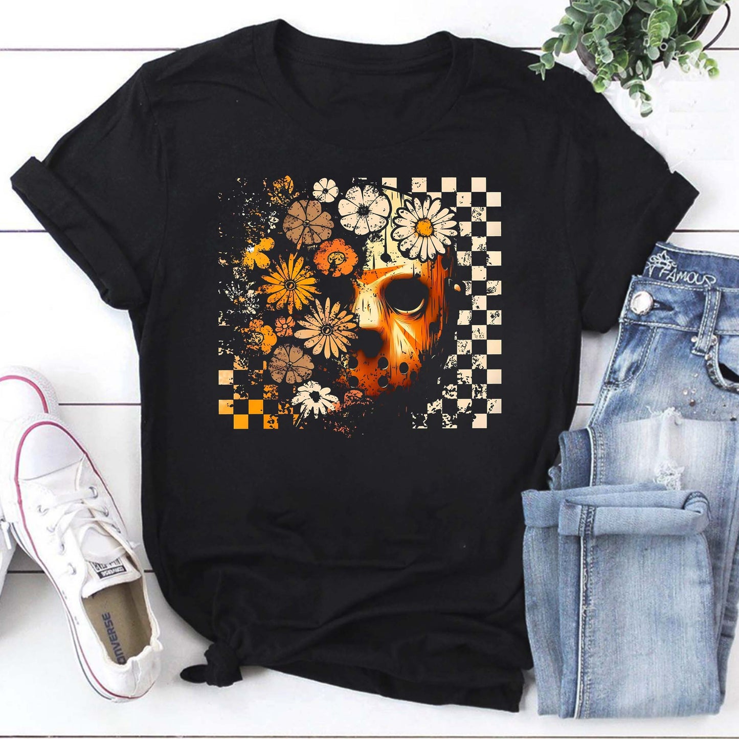 Halloween Flower Mask Black Hoodie for Women - Spooky Floral Horror Sweatshirt