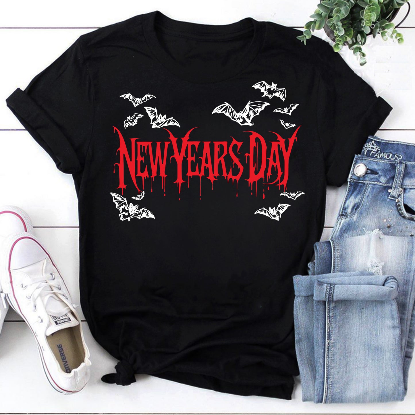 New Years Day Gothic Bat Hoodie - Spooky Red Drip Graphic Sweatshirt