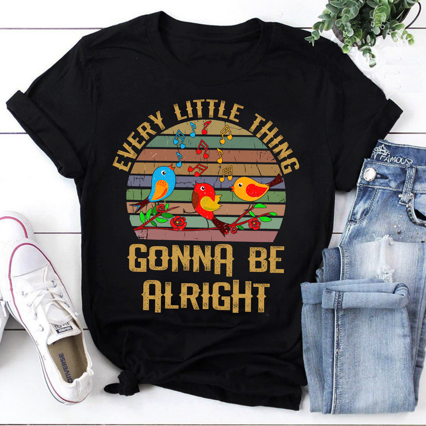 Every Little Thing Gonna Be Alright Inspirational Sweatshirt with Colorful Birds