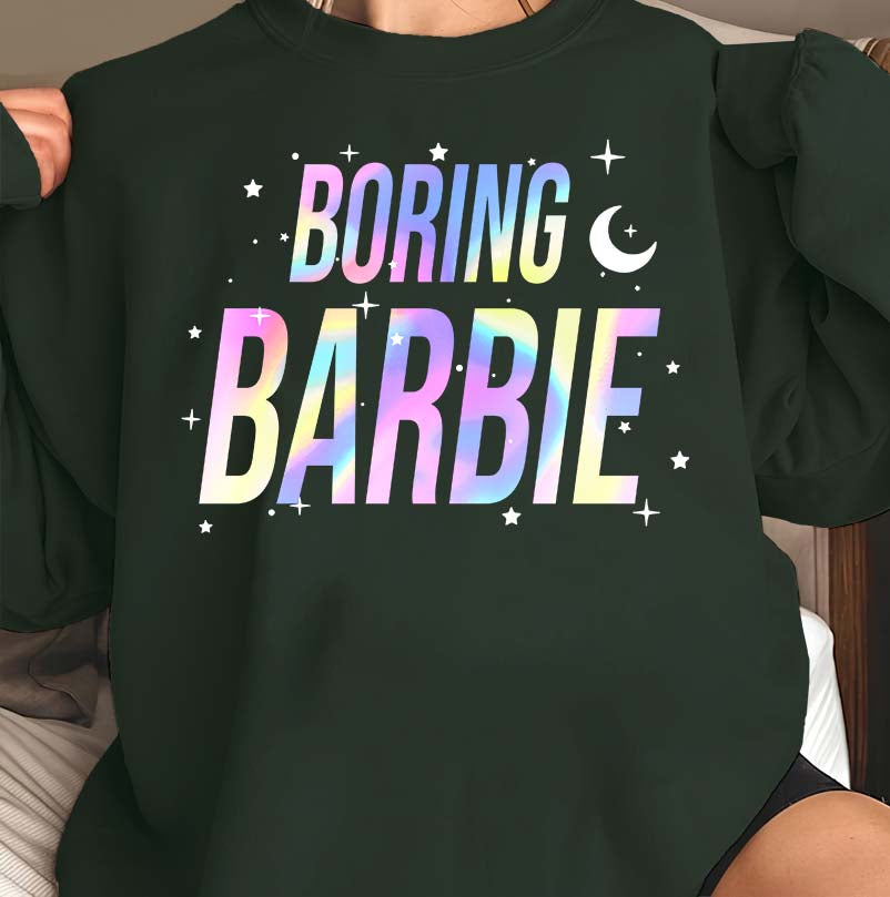 Boring Barbie Rainbow Text Black Graphic Tee