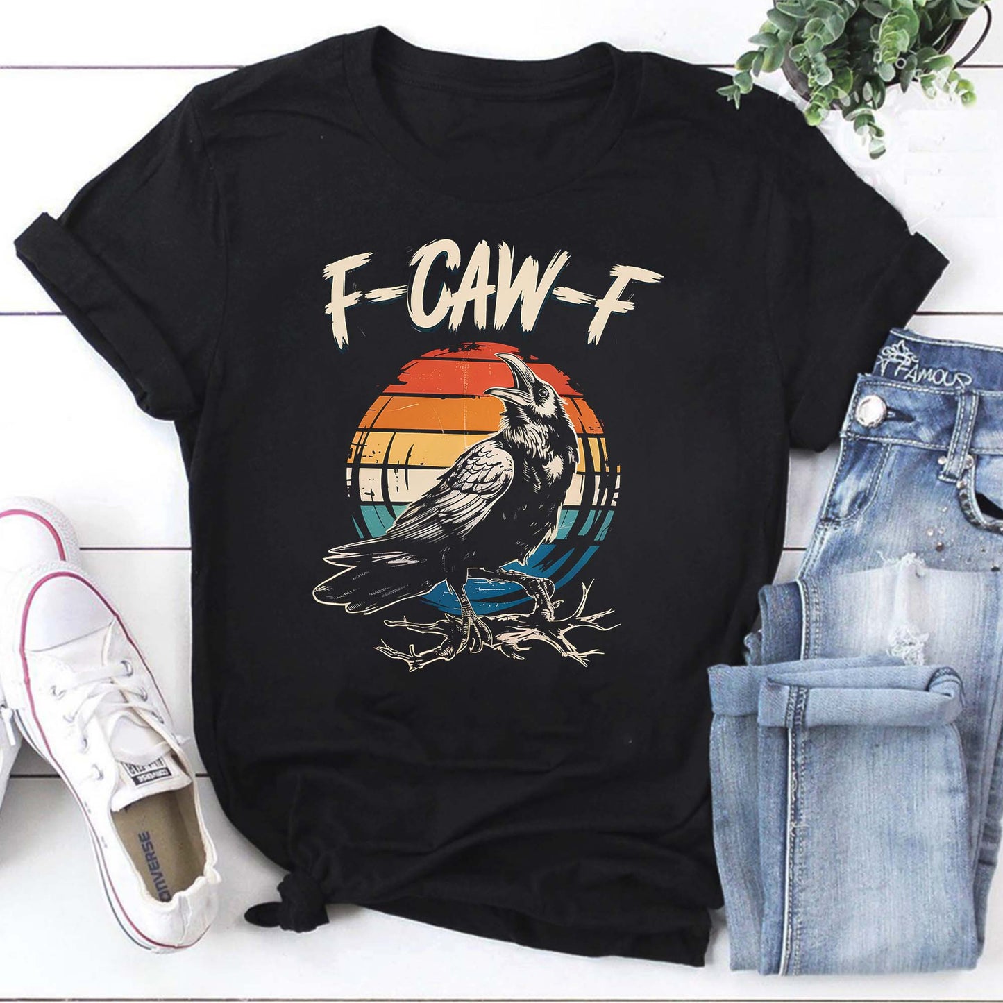 F-CAW-F Raven Graphic Hoodie Vintage Sunset Crow Lover Sweatshirt