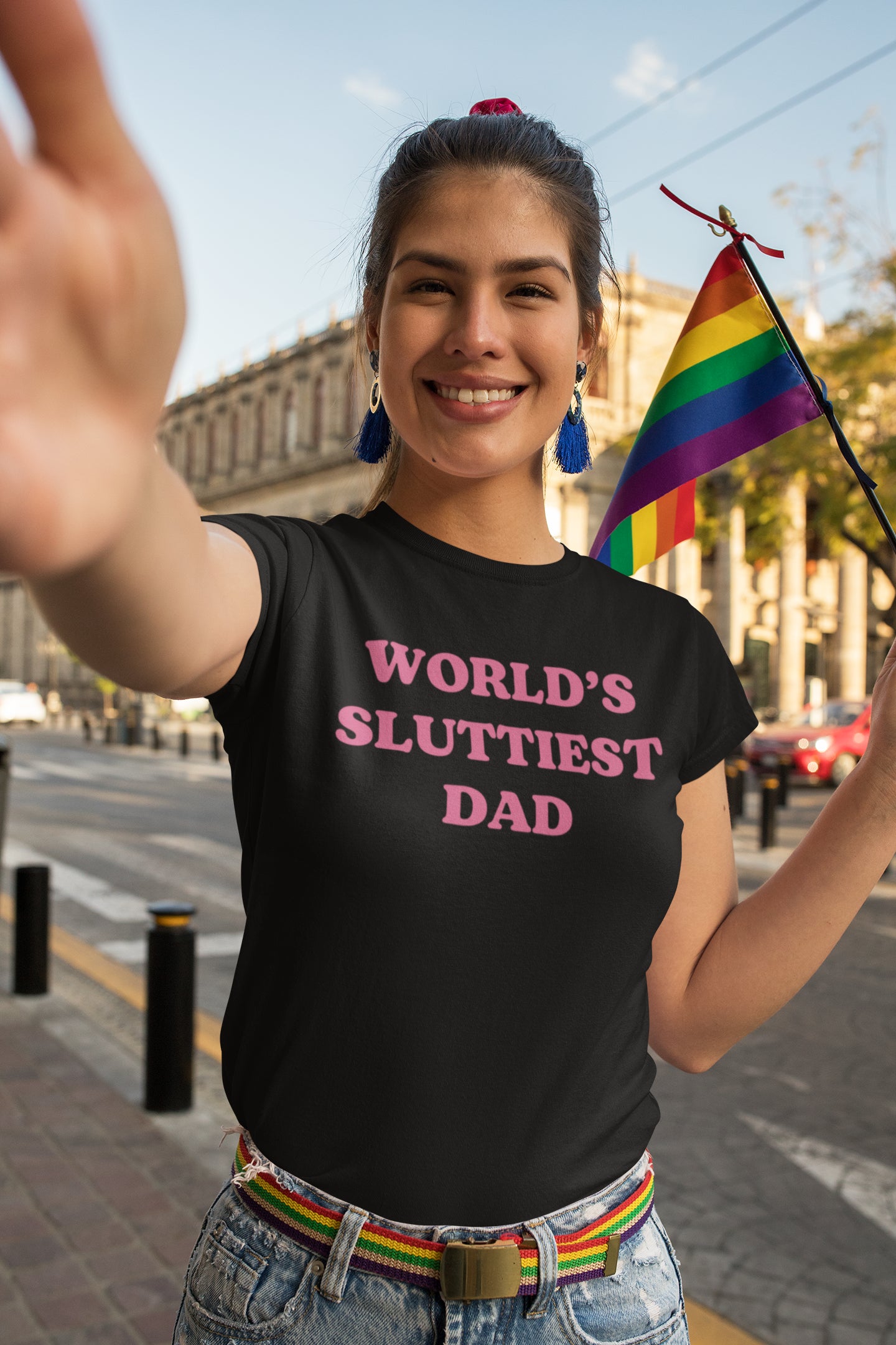 World's Sluttiest Dad Funny Graphic Tee - Bold Pink Text on Black Shirt